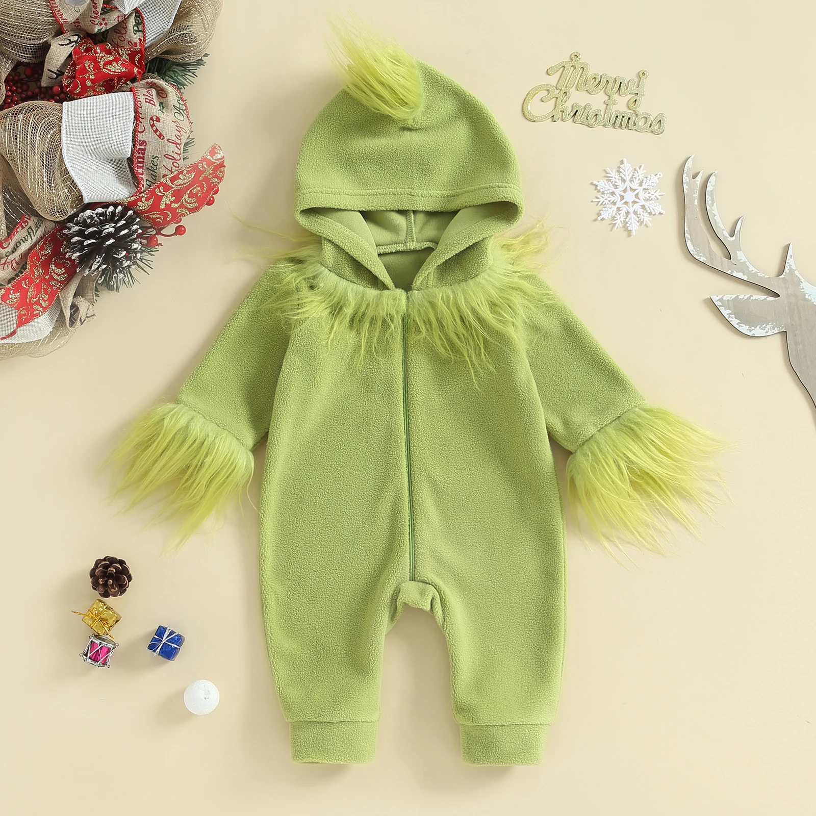 Baby Boys Girls Christmas Jumpsuits Fur Trim Long Sleeve Rompers Toddler Kids Green Monster Baby Cosplay Costume