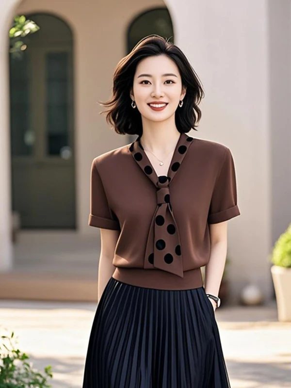 Brown Shawl Collar Short Sleeve T-Shirt Women's Summer New Light Maturity Atmosphere Base Shirt Top Korean Style Straight Tube