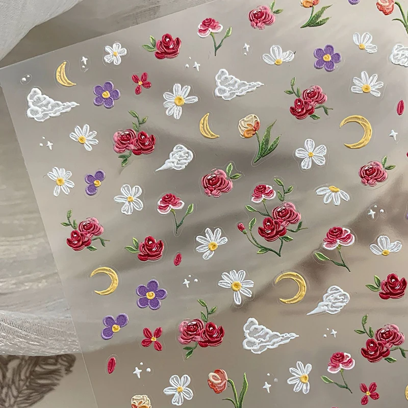 Simplicity Exquisite Daisy Flower Embossed 3D Sticker Spring Summer Nail Sticker Nail Art Decoration Sticker Manicure DIY Decals