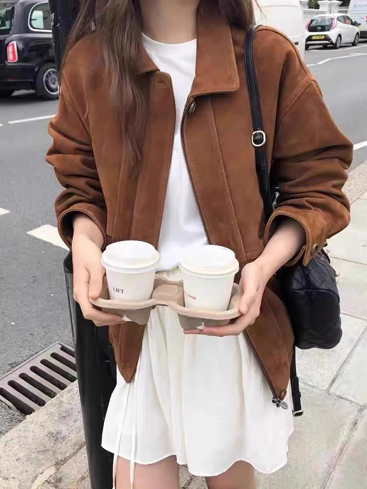 

Chic Vintage Loose Fit Zipper Closure Deer Suede Jaet Women's Faionable Versatile Autumn New Arrival Commute Sle