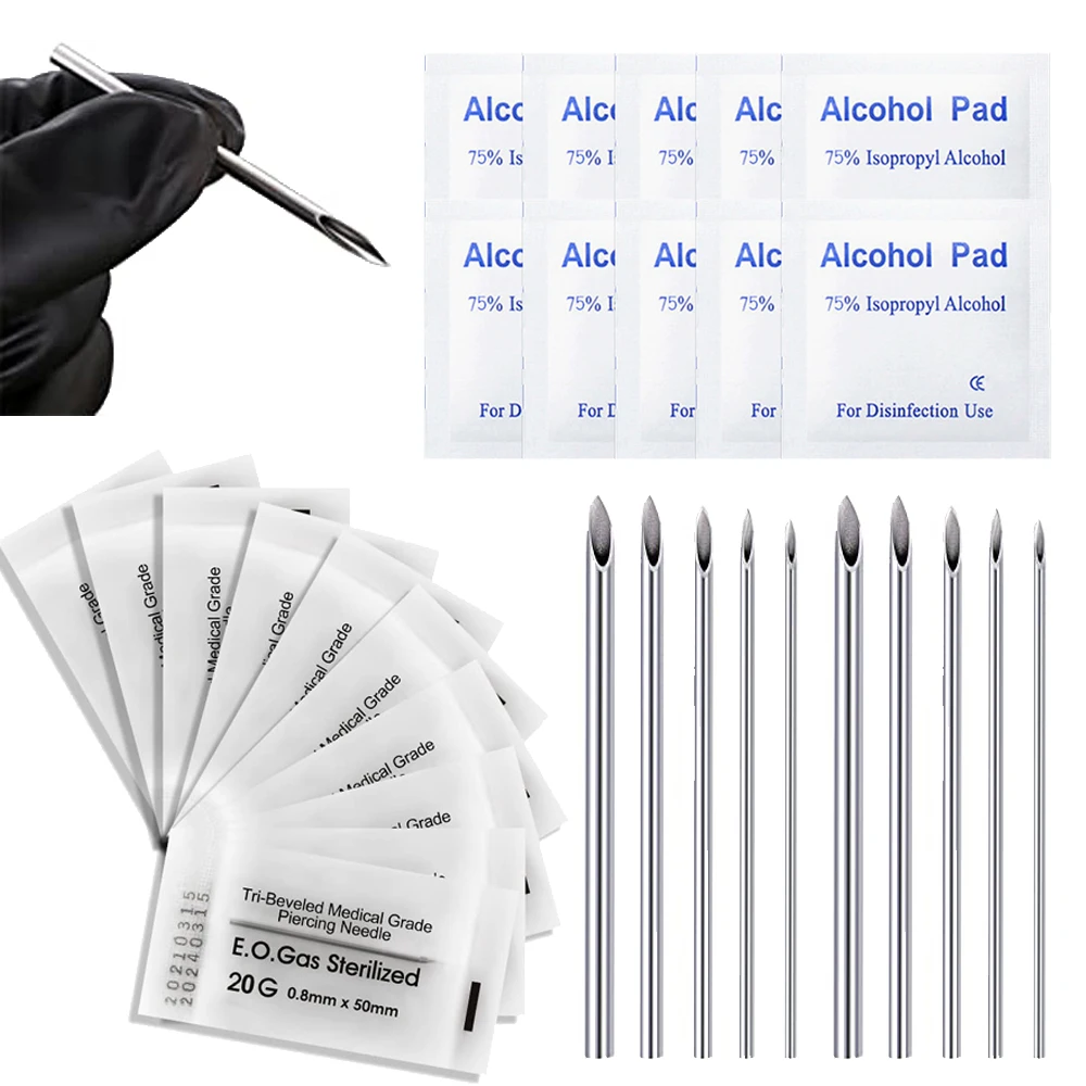 

20pcs Ear Nose Piercing Needles Body Piercing Needles Tattoo Supply Assorted Body Art Piercing Needles Tool Alcohol Pad