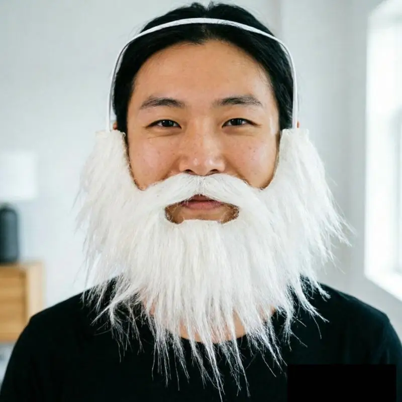 39BD Photo Booth Santa Beard With White Synthetic Fiber Look and Elastic String, 19 x 15 Christmas Costume Accessory for Holiday
