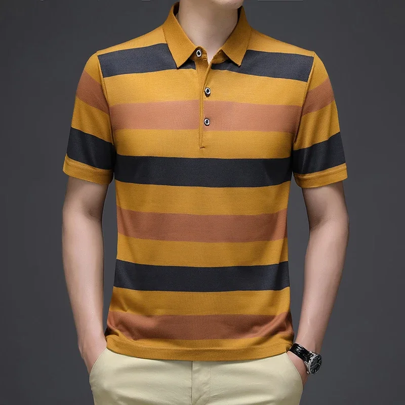 2024 Summer New Men\'s Knitted Stripe Short Sleeved POLO Shirt Comfortable and Cool Casual Fashion T-shirt