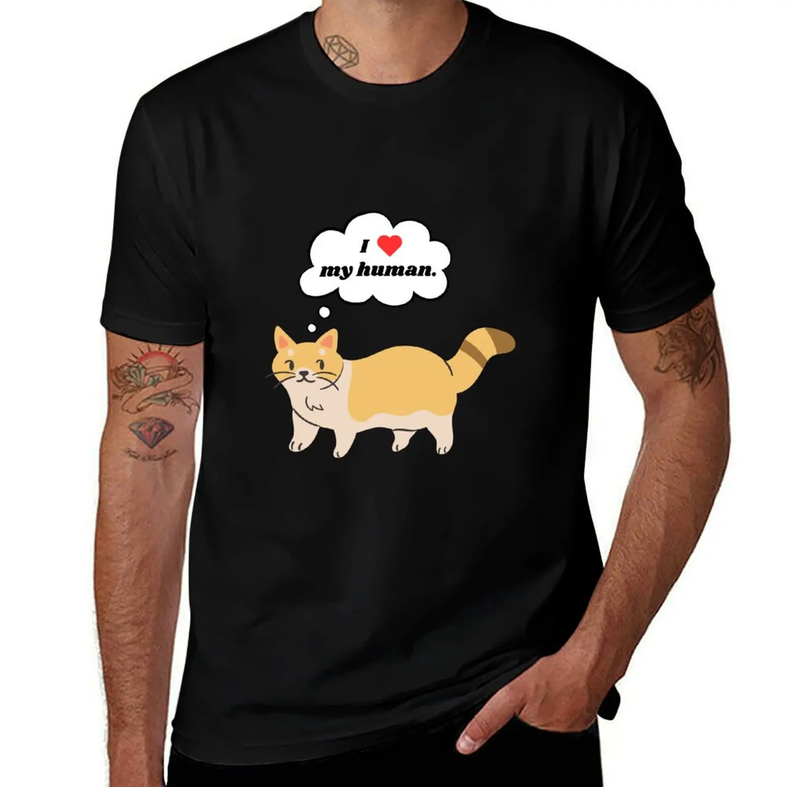 Ginger Cat Loves Human (On Black) T-Shirt Essential Solid Color T-Shirt