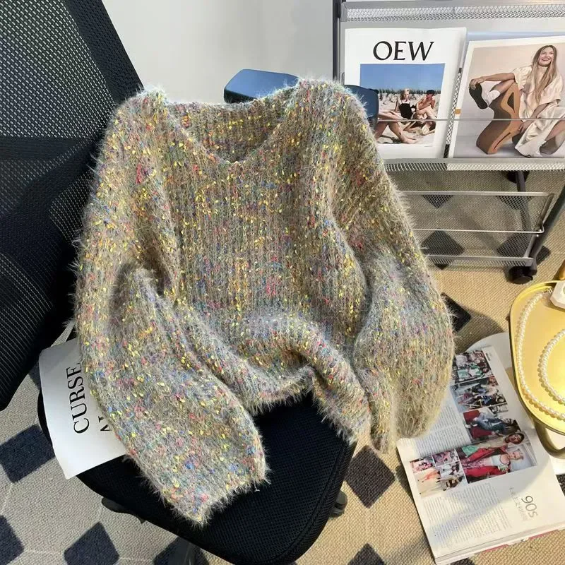 

Новинка 2023 года, осенне-зимний женский вязаный свитер, пуловер, модный свободный трикотаж, одежда, женский темпераментный трикотаж, топы W1165