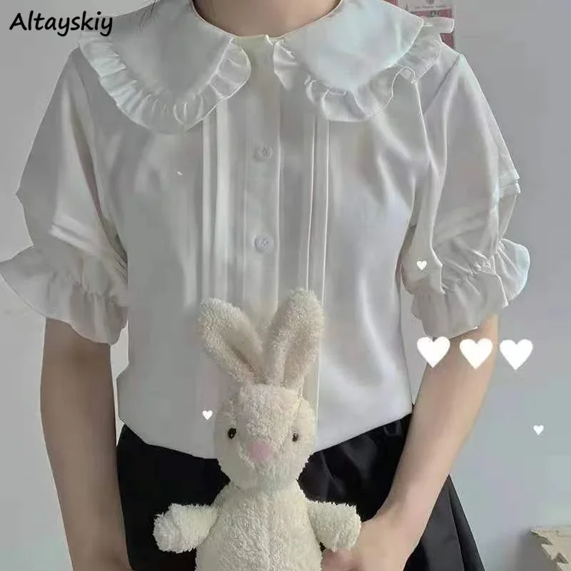 Lolita Style Shirts Women Sweet Gentle Ruffles Design White Chic Vintage Girlish Aesthetic Puff Sleeve French Style Student OOTD