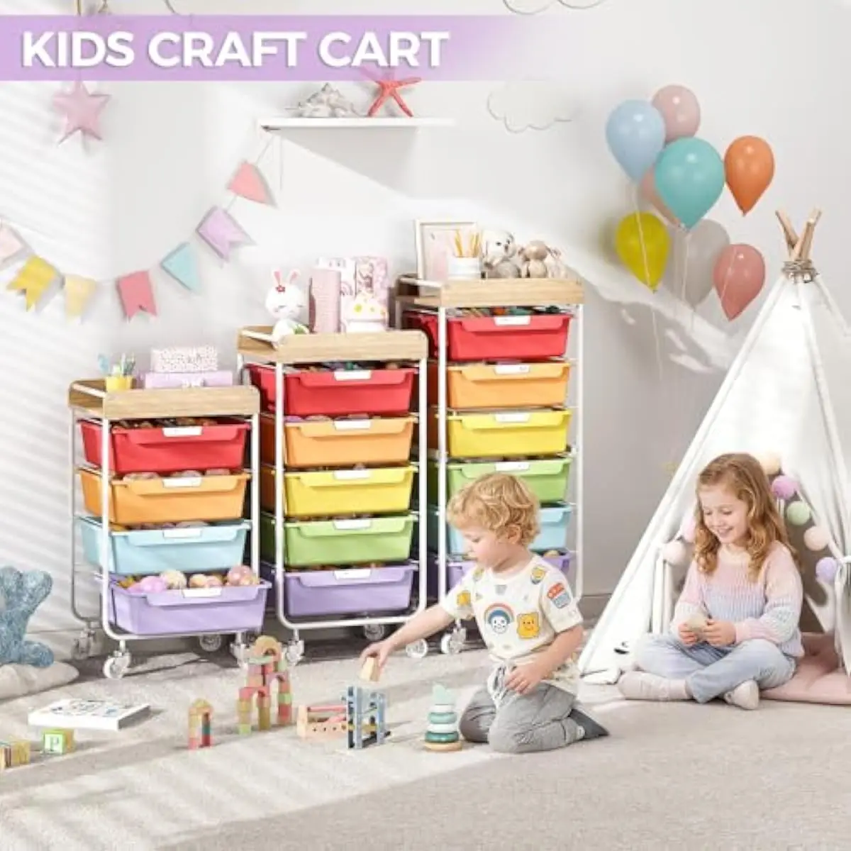 Rolling Storage Cart with 5 Extra-Large Colorful Plastic Drawers Customizable Labels Raised Wooden Tabletop with Safety Rails 4