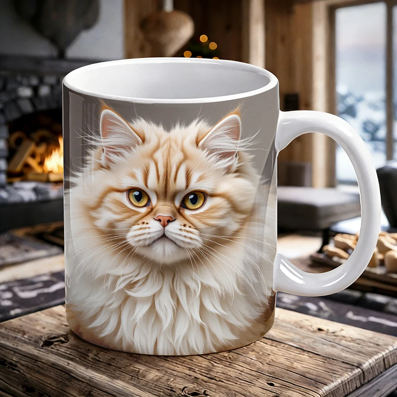 Adorable Fluffy Persian Cat Art Ceramic Coffee Mug, Cute Longhair Cat Tea Cup, Novelty Mug for Animal Lovers & Home Decor