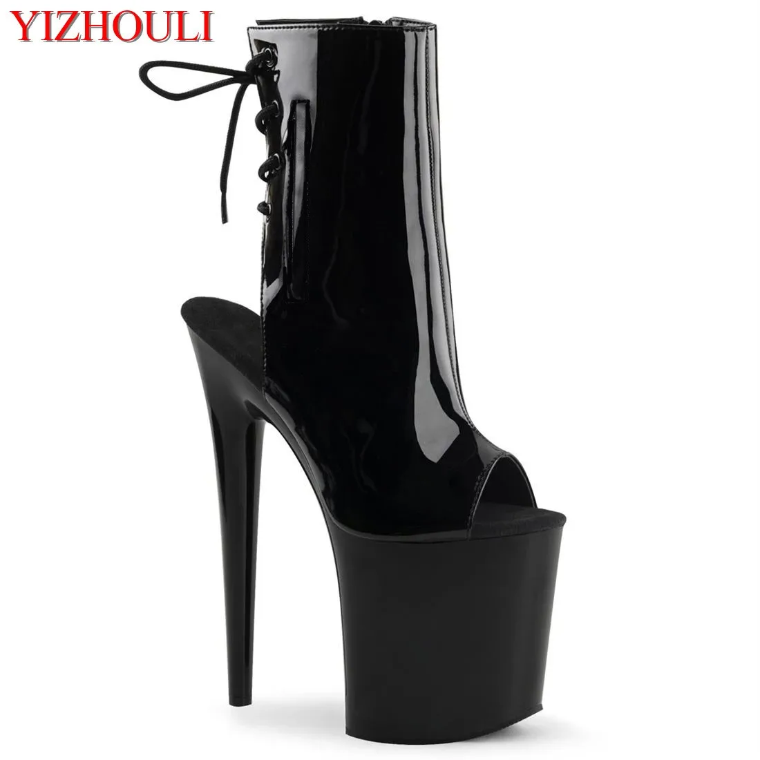 

Toasted lacquer sole 20cm high heel, 8 inch banquet stage show thick heel boots, fish mouth outside zipper, ankle dance shoes