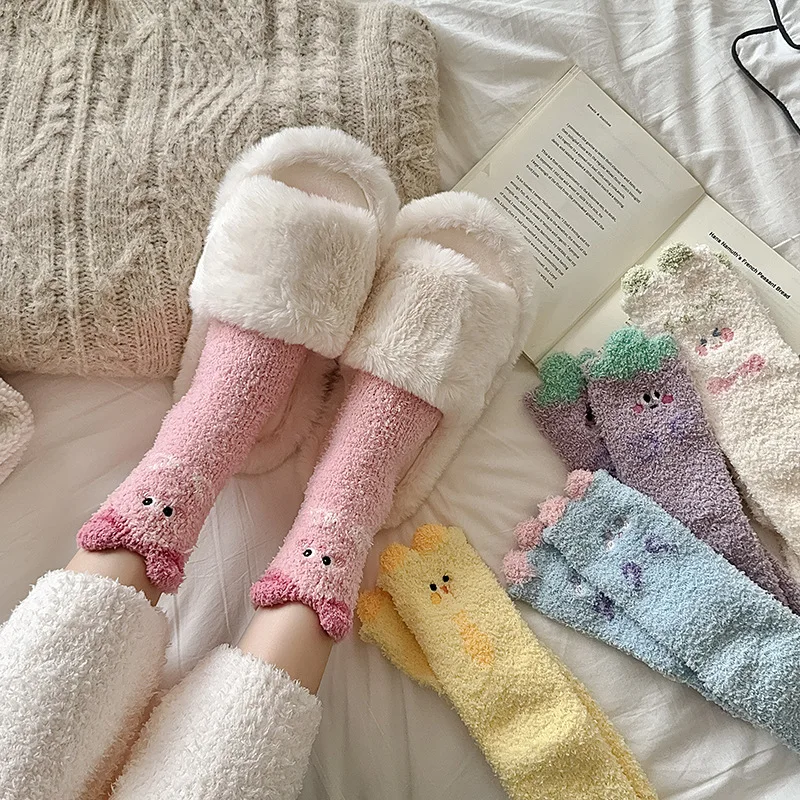 1/5 Pairs Coral Fleece Winter Thick Warm Mid Tube Socks Cute Cartoon Three-dimensional Plush Home Sleep Confinement Floor Socks