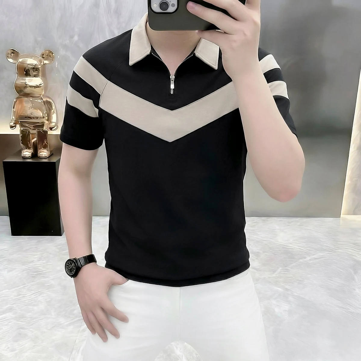 2026 Summer New Style Men's Fashion Casual Collar-Plaid Short-Sleeved T-Shirt Loose and Versatile Top