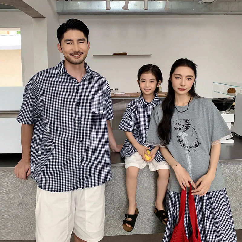 Summer Korean Plaid Family Matching Shirt Trendy Mom Dad Kids Stylish Casual Outfits for 3-4 People Whole Family Daily Wear