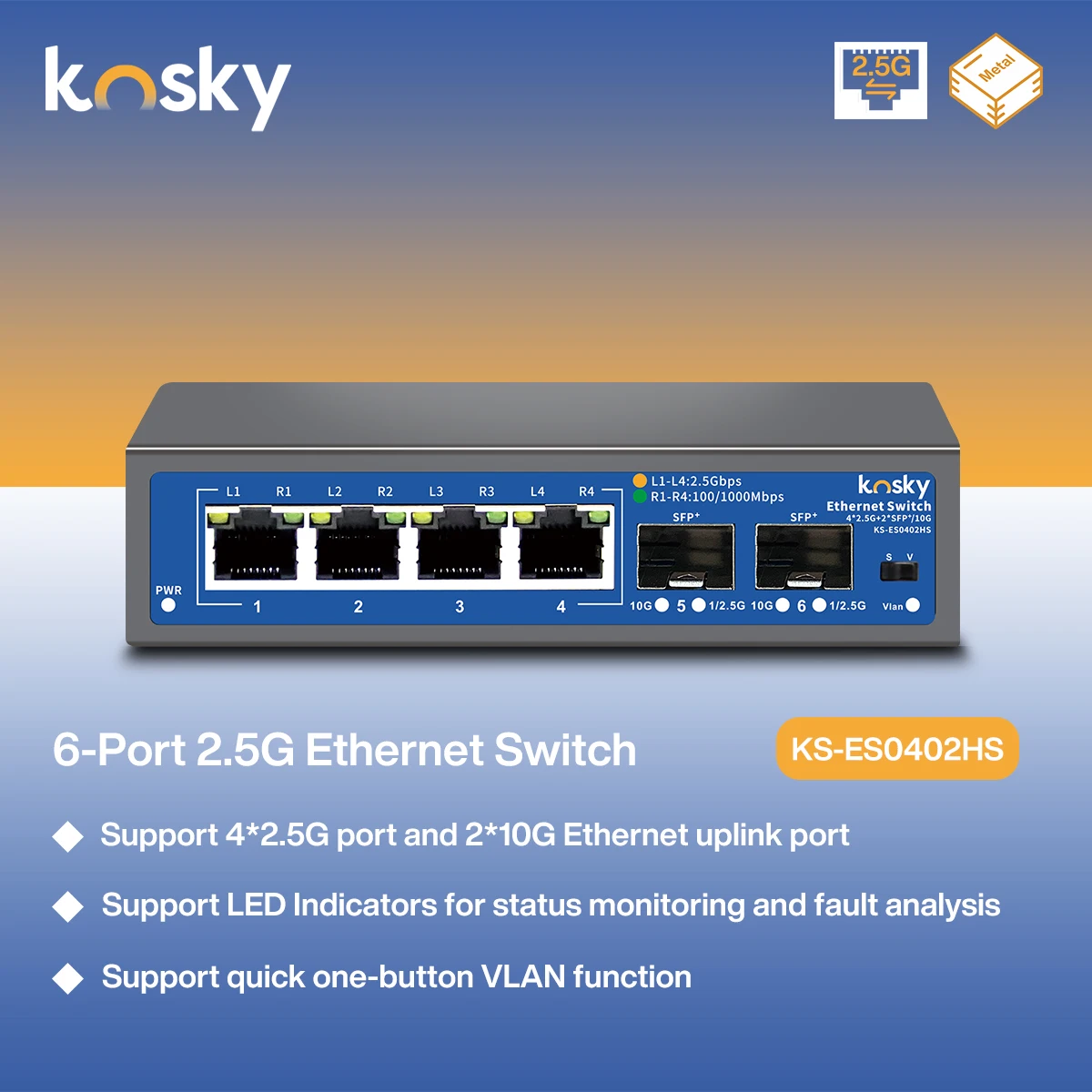 

KOSKY 4+2 10G uplink 2.5G switch with 4 10/100/1000/2500Mbps RT45 ports 2 1/2.5/10Gbps SFP optical ports suitable for office