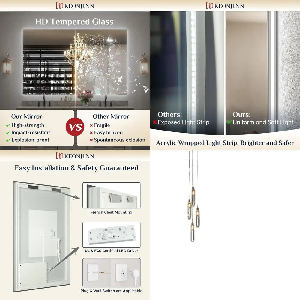 

Зеркало для ванной с LED-подсветкой, 36 светодиодов, защита от запотевания, CRI 90+, закаленное стекло, с регулировкой яркости, водонепроницаемое, горизонтальное/вертикальное крепление