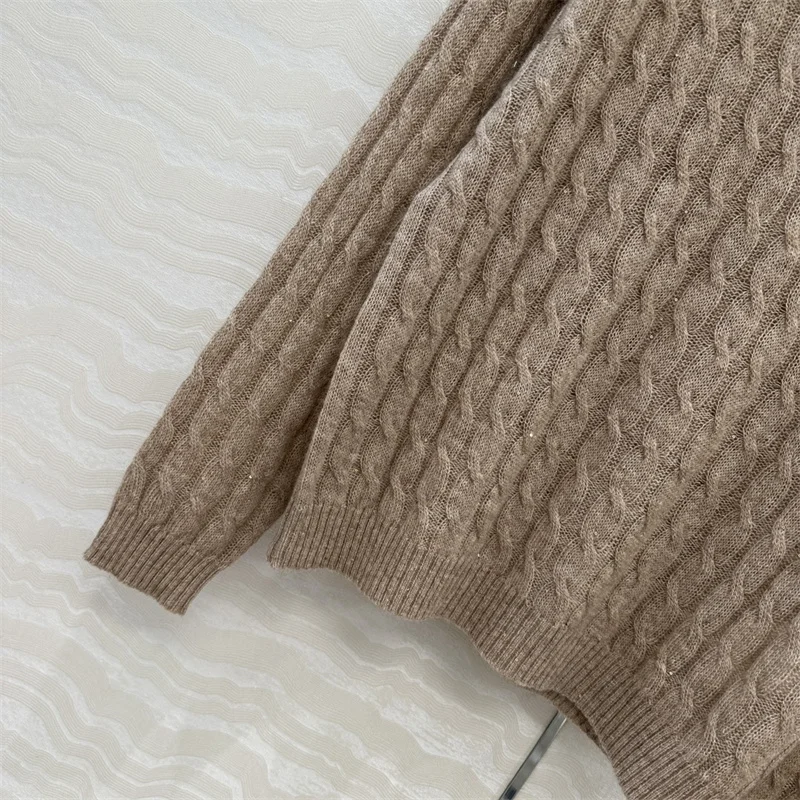 2025년 가을 여성용 신상 신축성 니트 슬림핏 후드 풀오버 울 혼방 니트웨어 스팽글 혼방 긴팔 상의