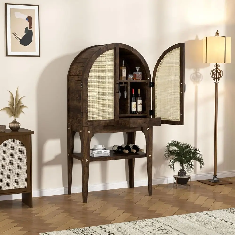

Arched Poplar Wood Bar Cabinet with Rattan Door, Wine Rack & Glass Holder, Tall Freestanding Buffet for Kitchen & Coffee Bar