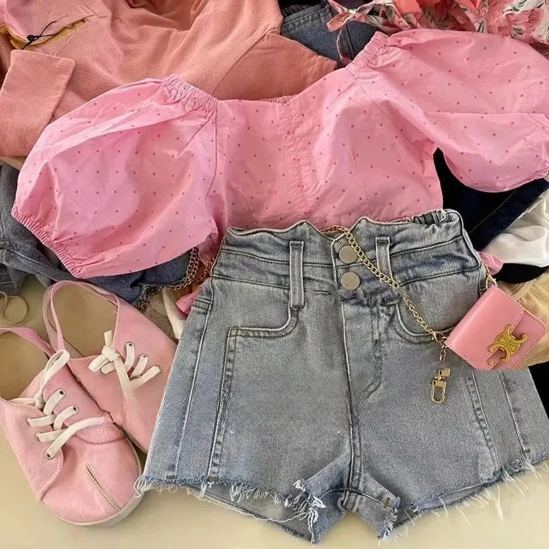 

New Baby Girls Summer Fashion Teenage Sets, Pink T-shirt + Jean Shorts 3-10 T