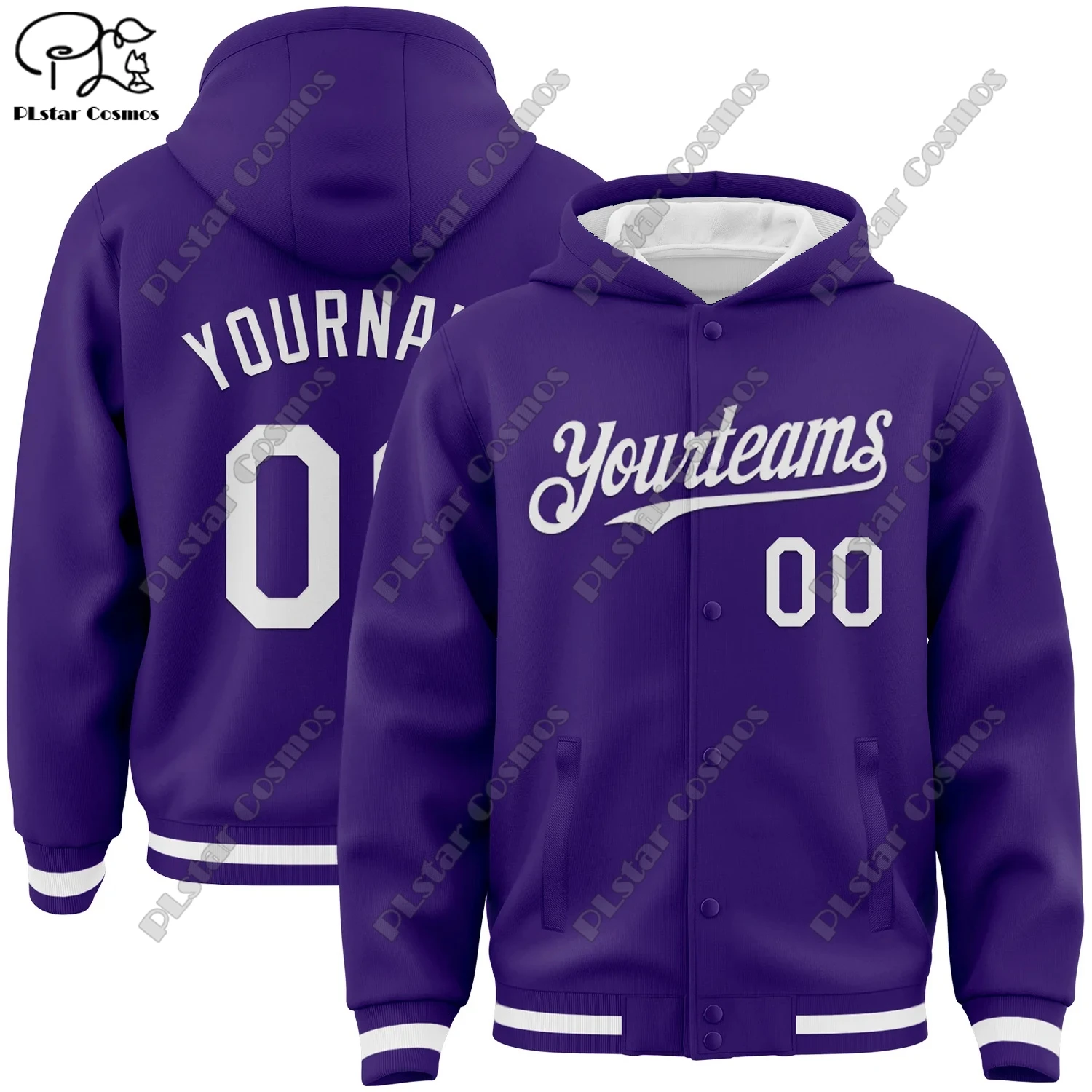 Brand new 3D printed custom team name name number purple genuine full snap jacket hoodie unisex winter new arrival -1