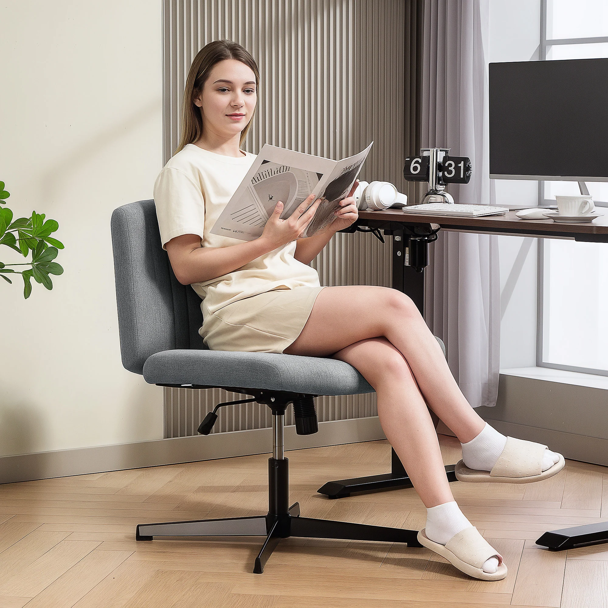 Silla de Oficina sin Brazos Silla de Escritorio Basculante con Piernas Cruzadas Asiento Ancho y Altura Ajustable Gris