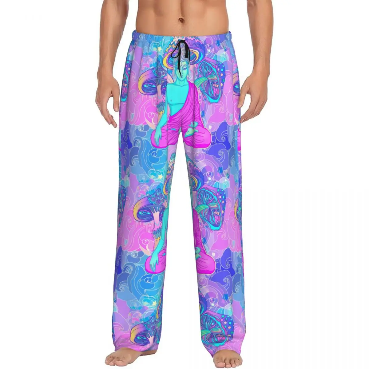 Custom Psychedelic Magic Mushroom Pajama Pants for Men Trippy Buddha Lounge Sleep Drawstring Sleepwear Bottoms with Pockets