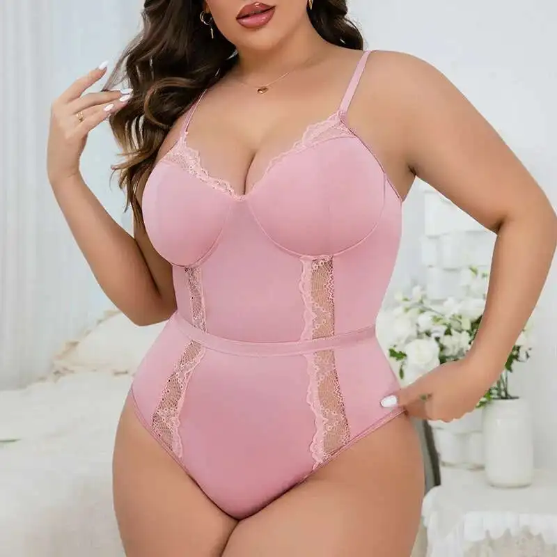 

New Fun V-Neck Lace Cutout With No Steel Ring, Large Size Women's Sexy Spicy Girl Waist Slimming Jumpsuit