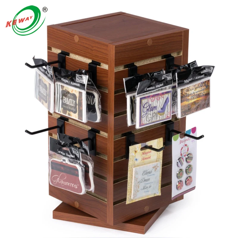 Custom.HIKUYA MDF Rotated Slatwall Display Stand With Metal 4 Side  Rotating Display Stand Counter Display  for Shopping Store