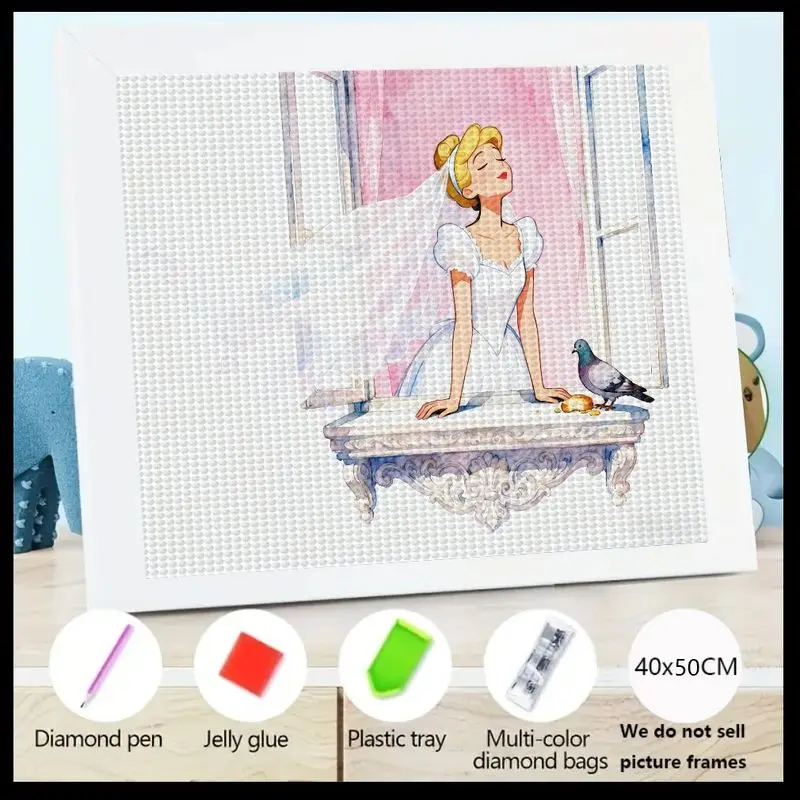 

1PC 5D Full Drill Diamond Painting Kit, DIY Princess Cinderella in Wedding Dress with Dove on Balcony, Romantic Fairy Tale Rhine