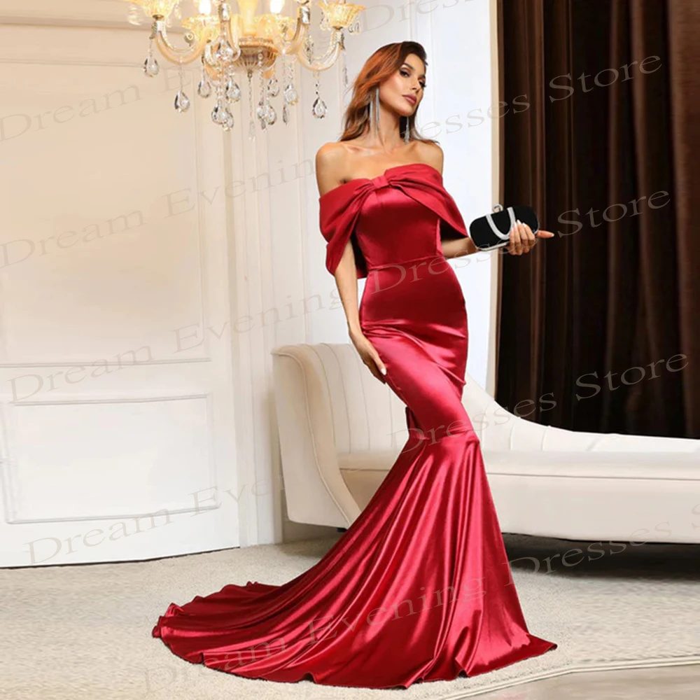 Hermosos vestidos de noche elegantes de sirena roja para mujer, vestidos de graduación sin mangas con hombros descubiertos modernos, fiesta Formal de satén Simple