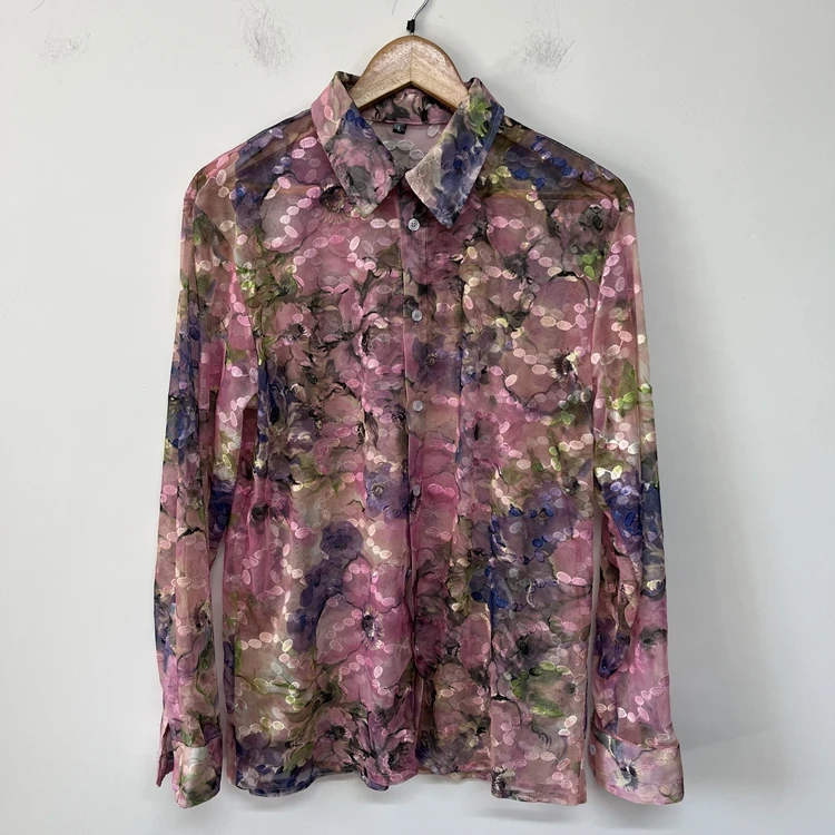 2025 Four Seasons Wear Fashion Retro Colorful Embroidery Perspective Mesh Gauze Tops Trendy Niche Original Design Men's Shirts
