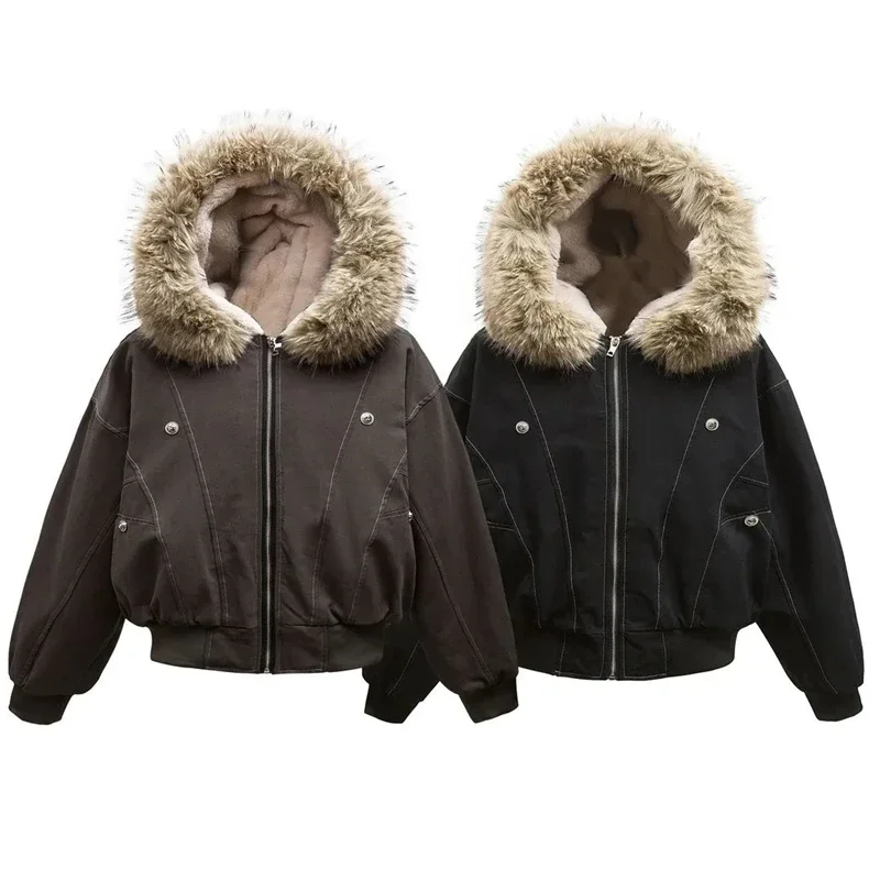 

Hip-hop Winter Men Coat New Casual Thick Warm Women Parka Coat Streetwear Loose Hooded Faux Mink Collar Couple Short Coat