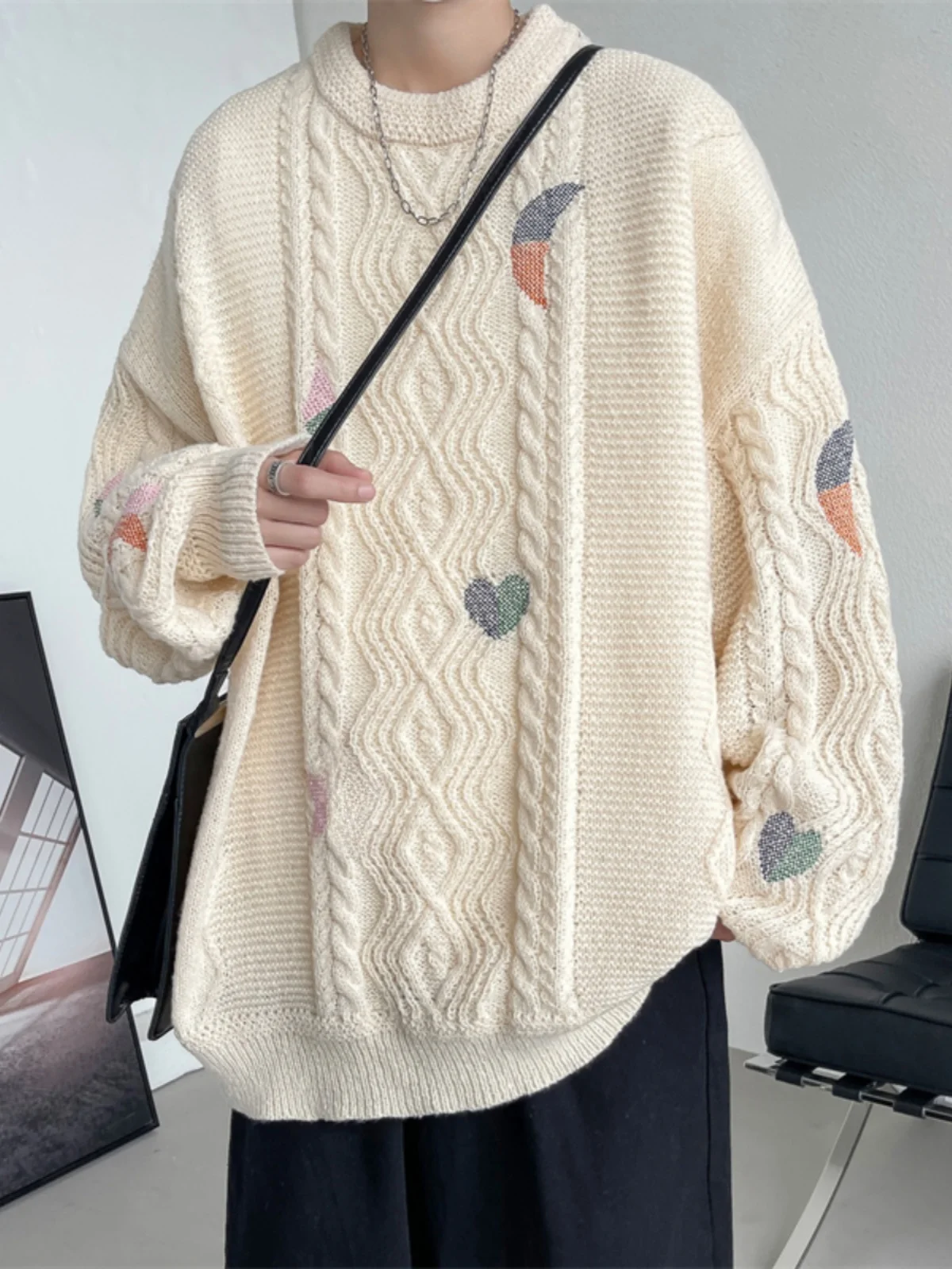 

Men's Knitted Sweater Loose Fit round Ne Embroidered Twist Vintage Lazy Sle Autumn Winter Japanese Sle Faionable Brand