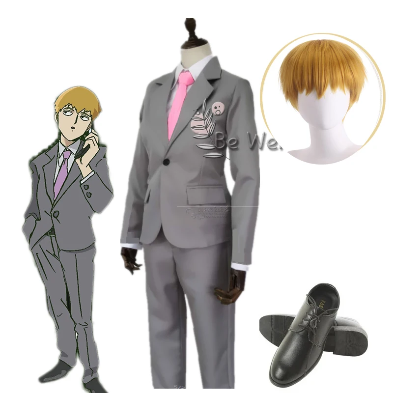 Anime Arataka Reigen Cosplay Costume Halloween Party Suit For Women Men Adult Golden Wig