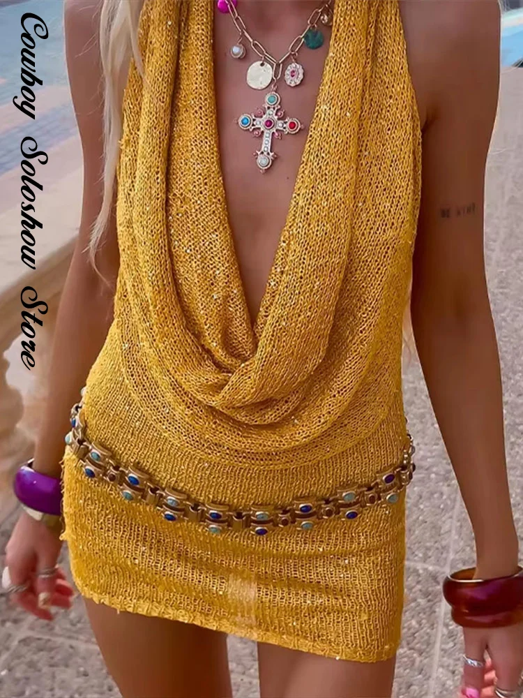 Sexy Sequin Halter Mini Dress Women V-neck Hollow Out Sleeveless Backless Hip Package Dresses 2025 Summer Beach Party Lady Robes