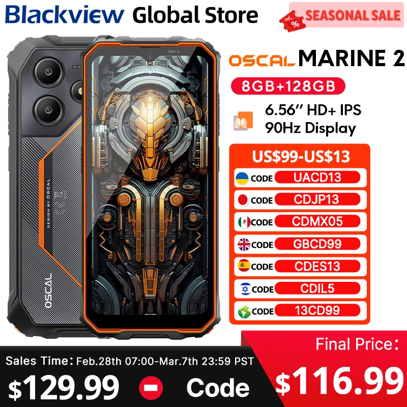 Blackview MARINE 2 Rugged Smartphone 6.56-inch HD+ IPS 90Hz Display 11000mAh  Android 15 NFC 16MP Camera  8GB 128GB Cellphone