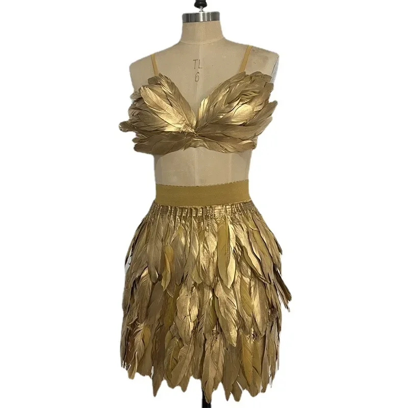 

New Summer Gold Feather Bra Skirt Set Rave Clothes Stage Performance Outfit Show Party Gogo Dancer Costume Jazz Carnival Cosplay