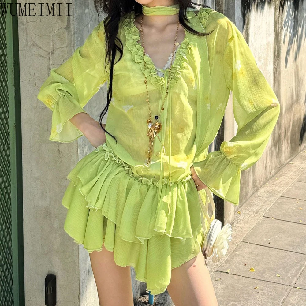 

Casual lazy suit summer versatile personality chic small thin pleated cake skirt long sleeve shirt top