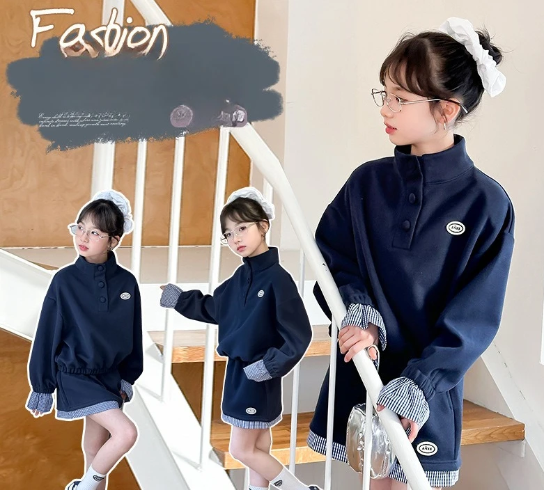 

Girls Autumn College Style Outfit, New Spring & Fall Casual Two-Piece Set with Hooded Sweatshirt & Mid-Length Skirt for Tweens