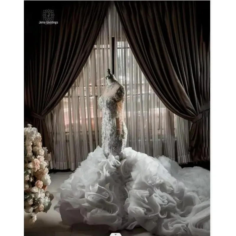 Suknia ślubna plus size na zamówienie 2025, warstwowe falbany, iluzoryczne długie rękawy, perły, kryształki, suknia balowa, arabska suknia ślubna