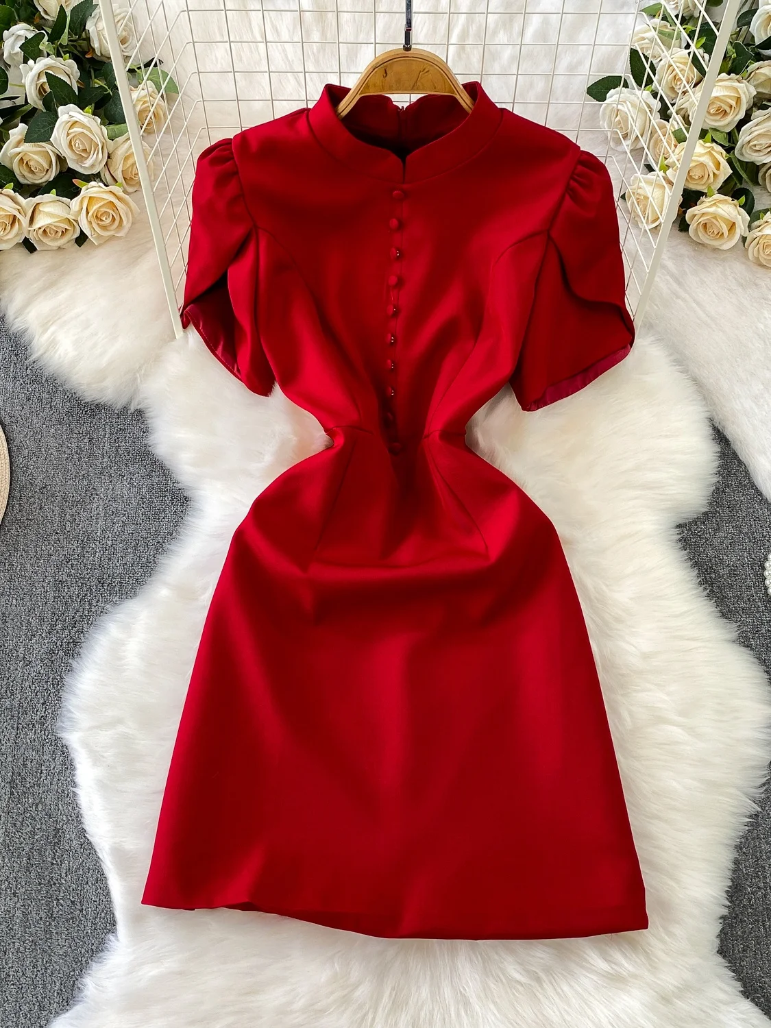 Retro Ele Stand Collar Bubble Sve Dr Mujer Otoño Invierno Adelgazante Envoltura alrededor de cintura alta Abotonada Ci Commute D...