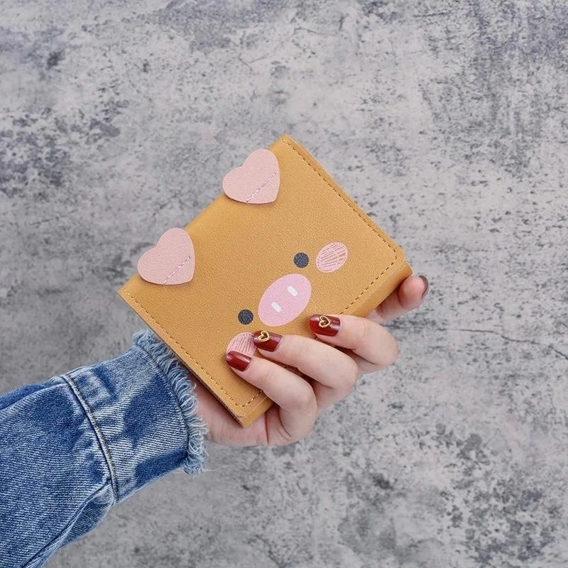 2023 New Short Wallet Female Cartoon Piggy Cute Student Three Fold Wallet Fashion Leather Passport Card Holder for Women