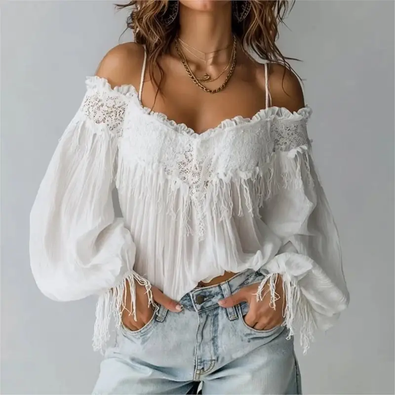 Y2k Fashion Woman's Lace Top Summer Sexy Foreign Style Strap V-neck Loose Shirt Ladies Elegant Versatile Office White Blouses - Image 3