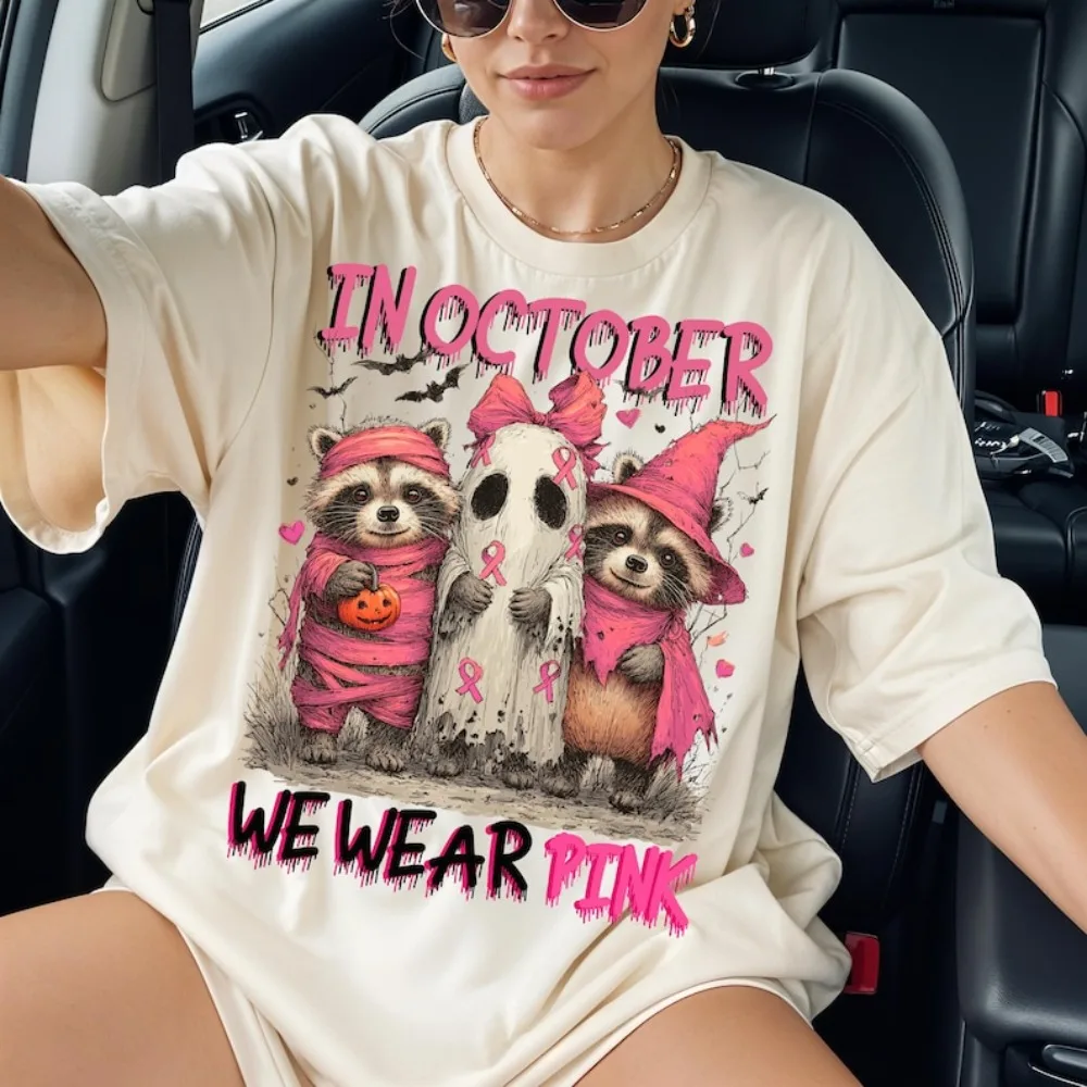 

In October We Wear Pink Tshirt Cute Raccoon Breast Cancer Shirt Cute Preppy Pink Ribbon Tee Tops Women Sublimation Short Sleeve