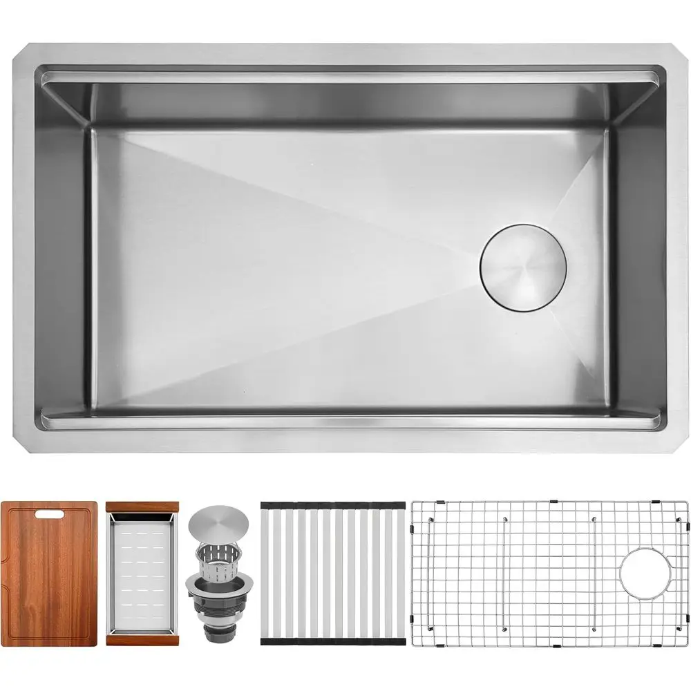 

Кухонная мойка под столешницу, одинарная, из нержавеющей стали 16 калибра, рабочая станция для кухни с сливом Oset (31 x 18 дюймов)