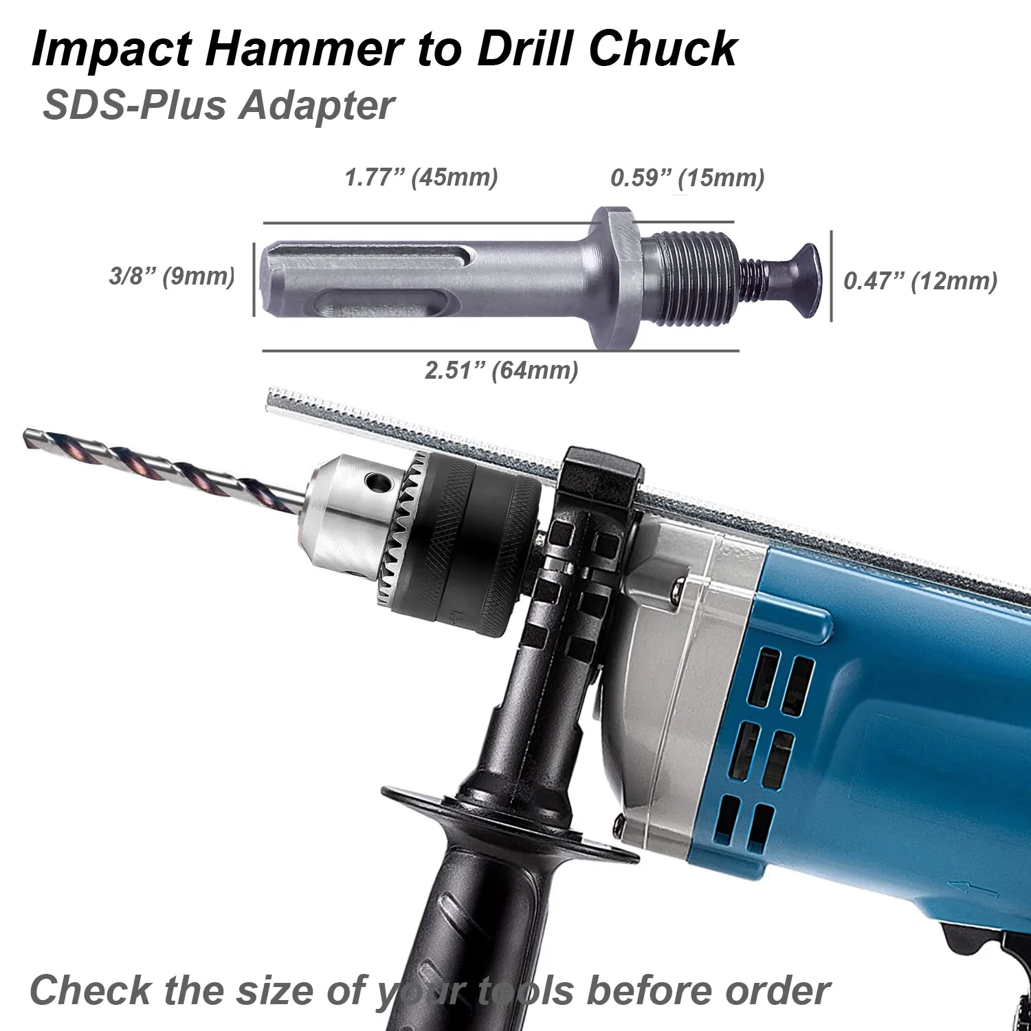 Drill Chuck Converter Adapter for Impact Wrench Power Driver Electric Hammer SDS-Plus Hex Socket Square Female Convert 1/2 3/8