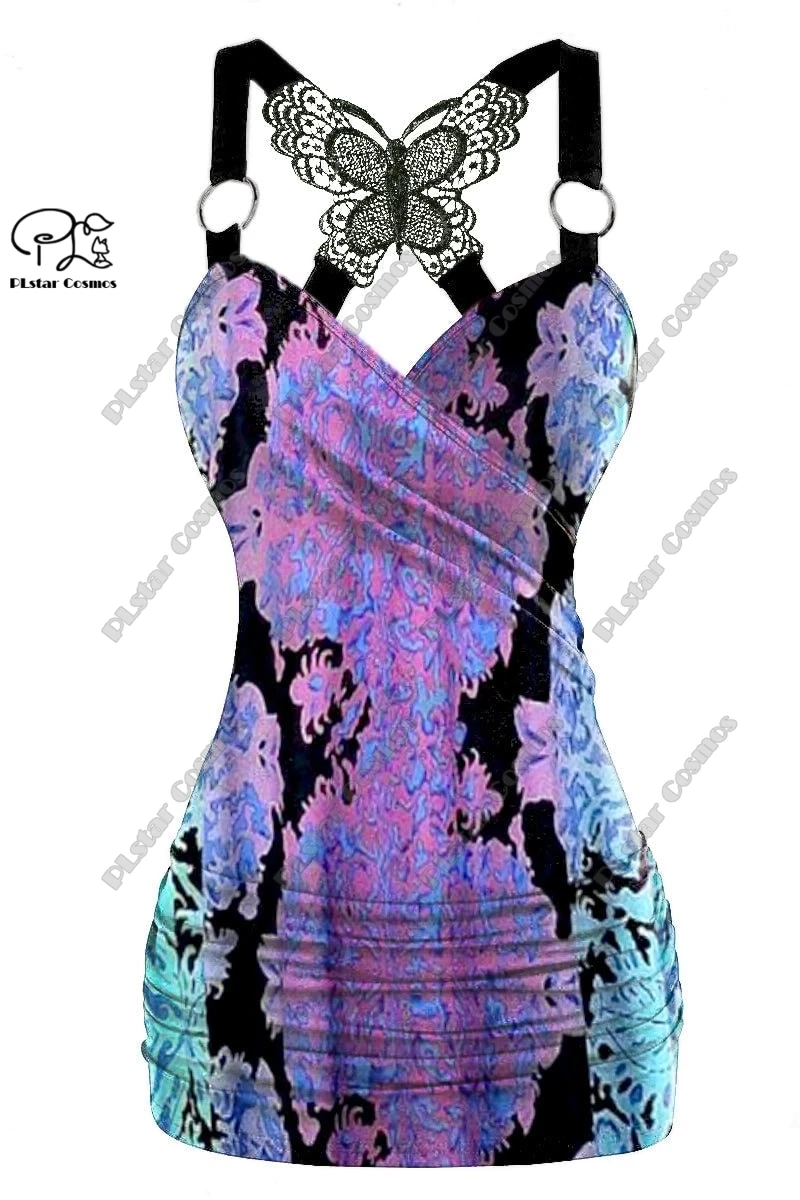 PLstar Cosmos new 3D printed women's blue and purple gradient art retro printed butterfly vest + wide leg pants two-piece set