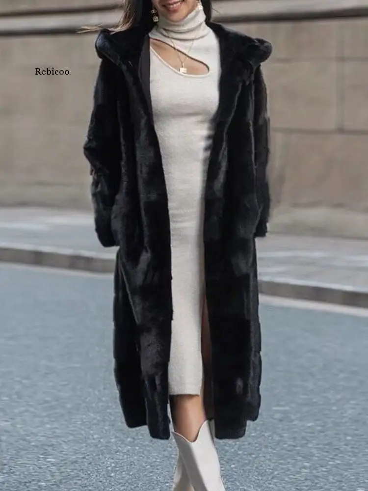 

Faux Fur Coat Women 2022 Autumn Winter Warm Soft Long Fur Jacket Outwear Plush Overcoat Pocket Buttonless Cardigan With Hood