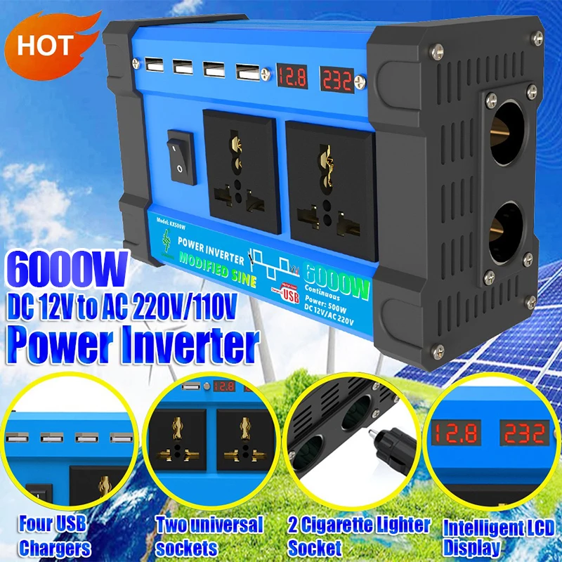 6000W Pure Sine Wave Inverter Charger - Dual Voltage 12V to 220V/110V Smart Converter for Home/RV/Marine