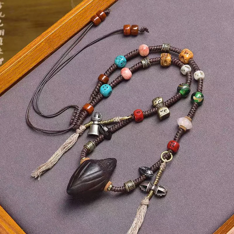 Hand-woven rope with glass beads and adjustable necklace pendant for sweaters