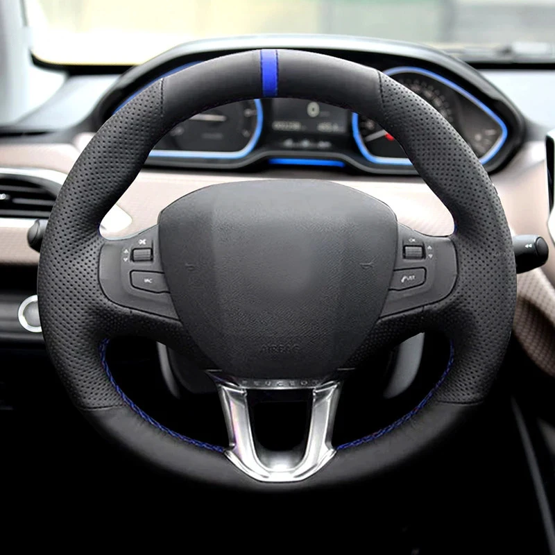 For Peugeot 208 2008 2014 2015 2016 2017 2018 Hand Braid Car Steering Wheel Cover Black Perforated Leather blue line blue strip