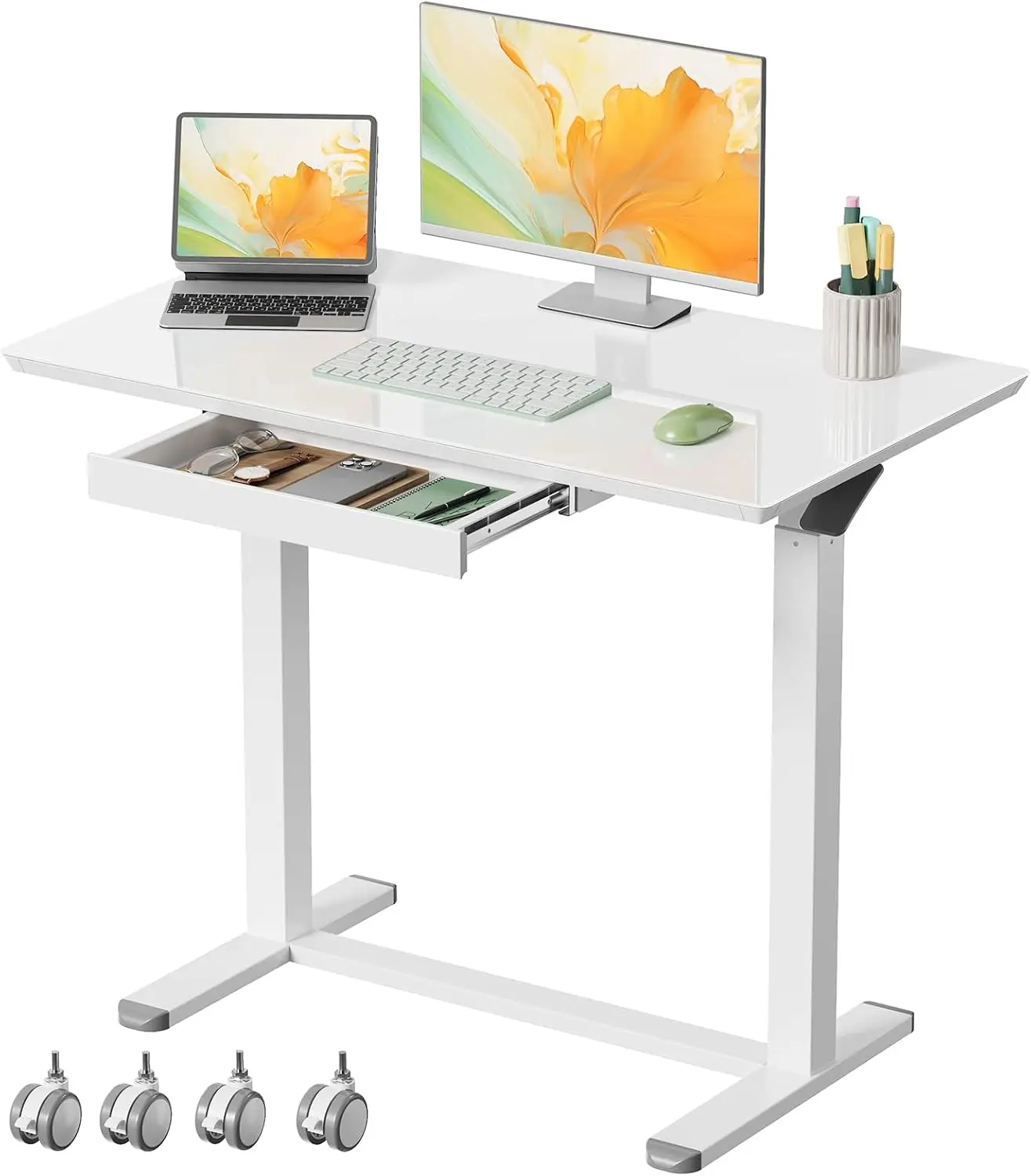 Glass Standing Desk with Drawers, 35inch Small Mobile Laptop Desk, Height Adjustable Rolling Sit Stand Desk, White Pneumatic Por